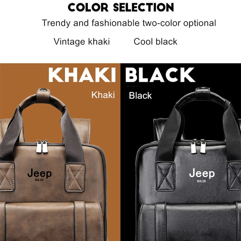 JEEP BULUO Waterproof 14 Inch Laptop Outdoor Sports Backpack Men Casual Travel Women Split Leather Male Vintage School Bag