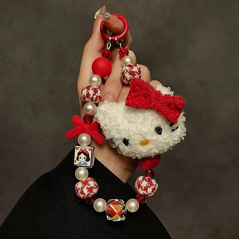 Kawaii Sanrio Hello Kitty, цепочка для телефона, мультяшная красная, белая подвеска из бисера, ремешок для мобильного телефона, аниме, периферийные устройства, веревка с защитой от потери, подарки