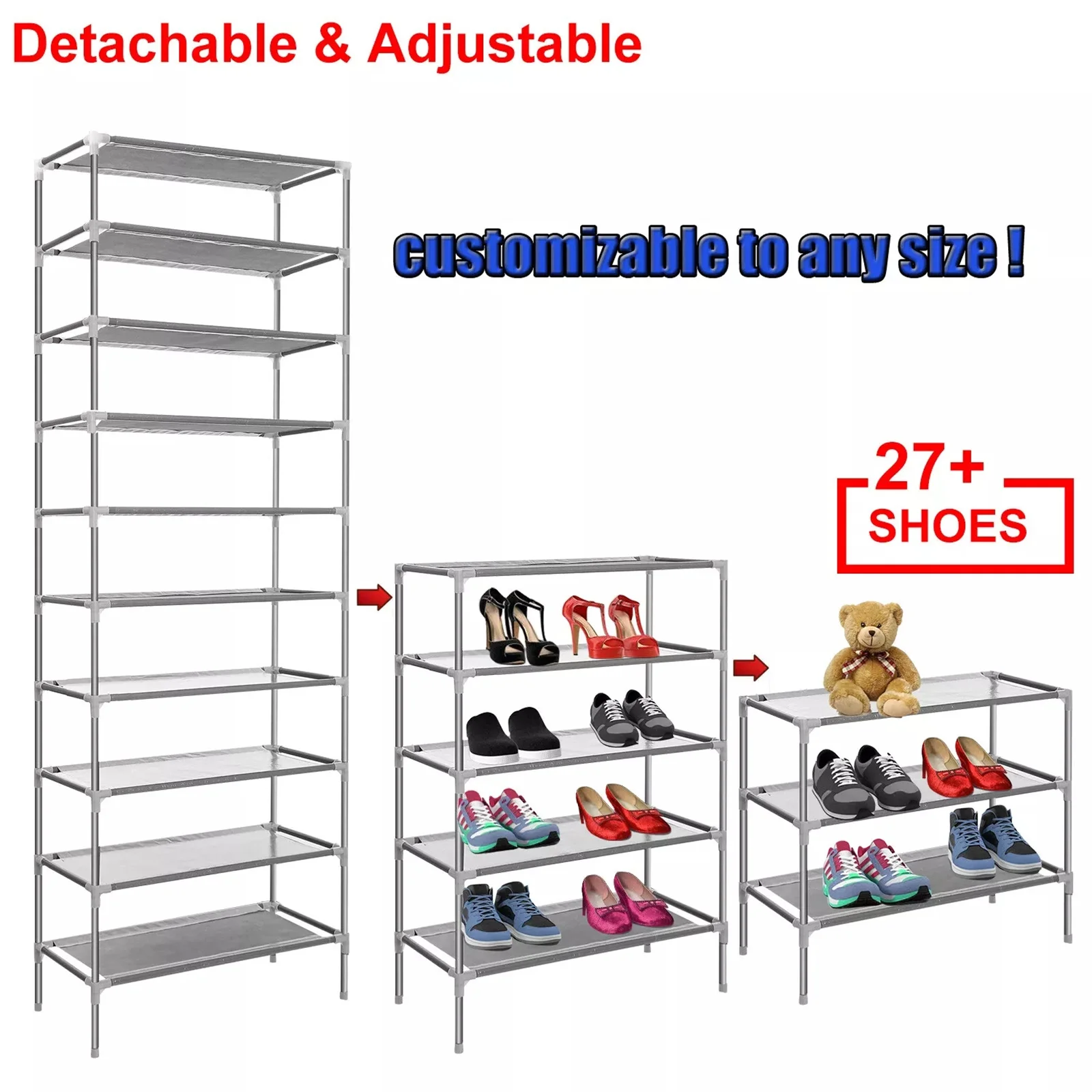 

10 Tier 30-36Pairs Shoe Rack DIY Shoe Shelves Detachable Into 5 Short Shoe Racks