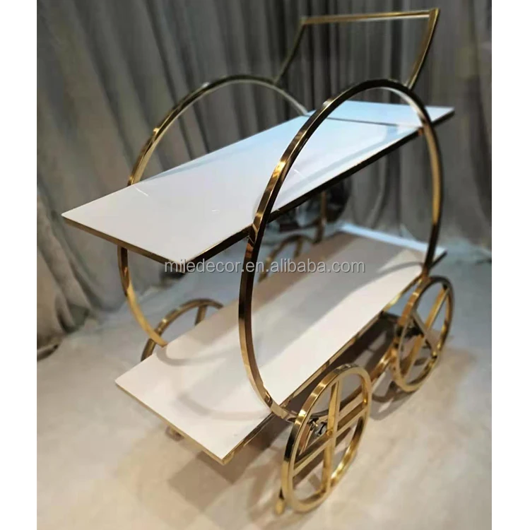 

Hotel Trolley Cart Stainless Steel Gold Food Cart Dessert Display Candy Carts For Parties