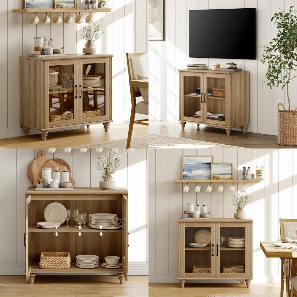 

Glass Door Kitchen Storage Cabinets, Wooden Coffee Bar Table with Adjustable Shelves, Accent Furniture