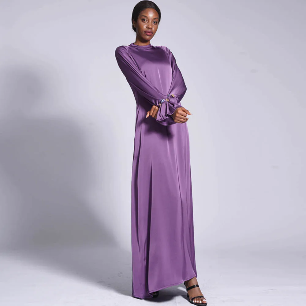 2022 Robe Pour Femme Musulmane Boho Dress New Matte Satin Buttoned Long Solid Loose Modest Maxi Dresses for Islamic Women