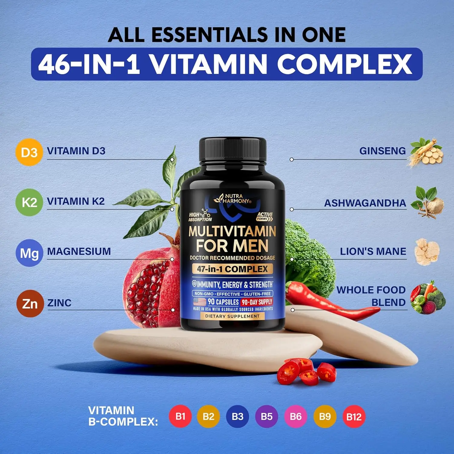 Multivitamin for Men - B-Complex | Whole Foods & Enzymes - Energy, Focus & Brain | Men's Health Complex - 46in1 Mens Multivitami