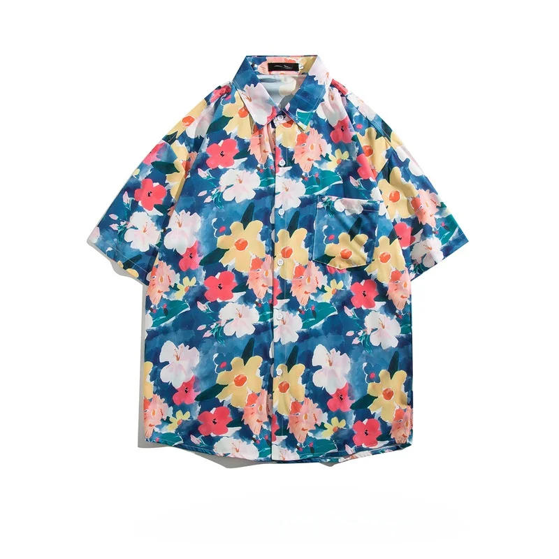 Summer Men's Retro Hawaiian Beach Travel Short Sleeve Printed Shirt High Street Loose Casual Half Sleeve Floral Shirt Coat