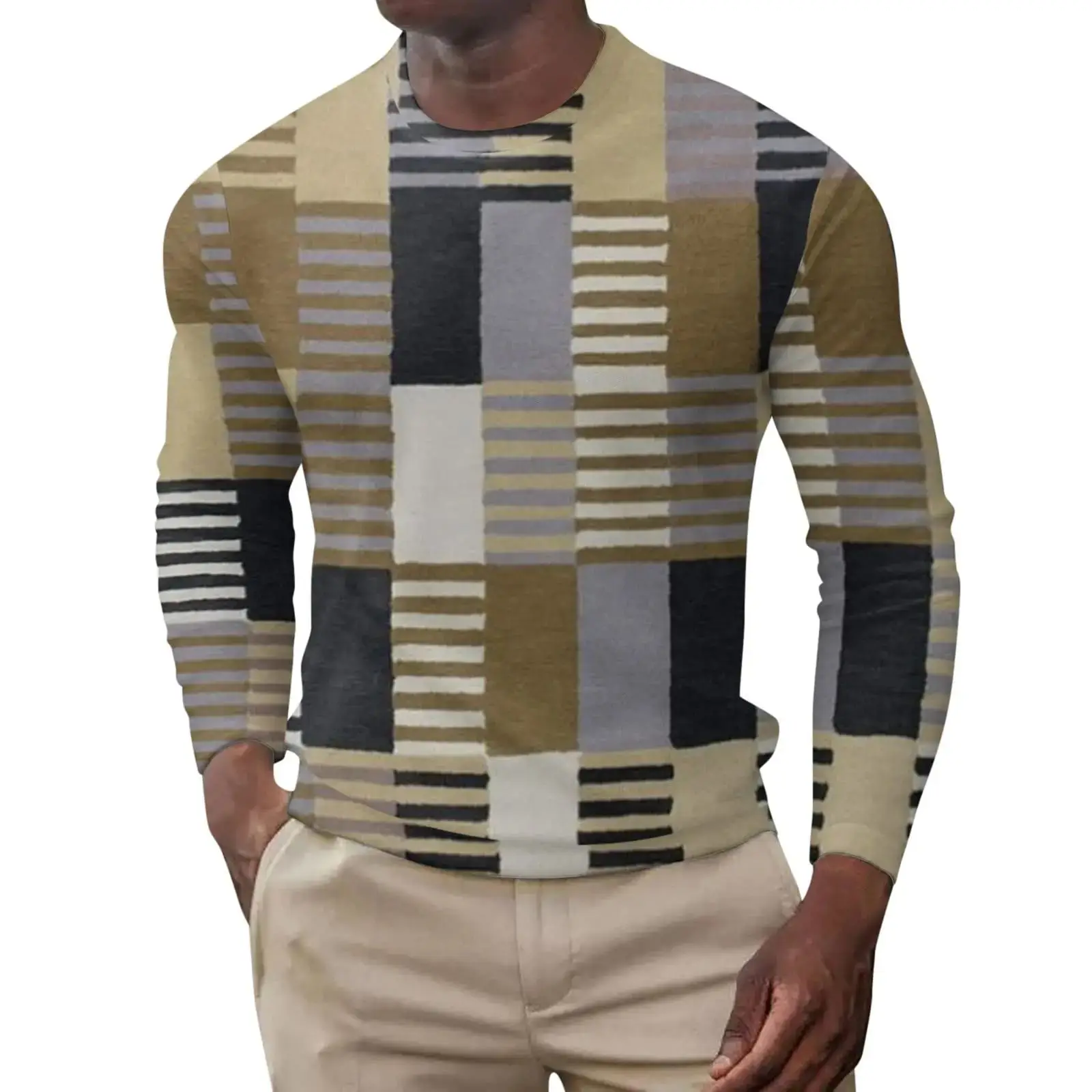 

Stripe Print Men's Long-Sleeved T-Shirt Spring And Autumn Breathable Quick-Drying Sweatshirt Outdoor Retro Casual Men's Wear