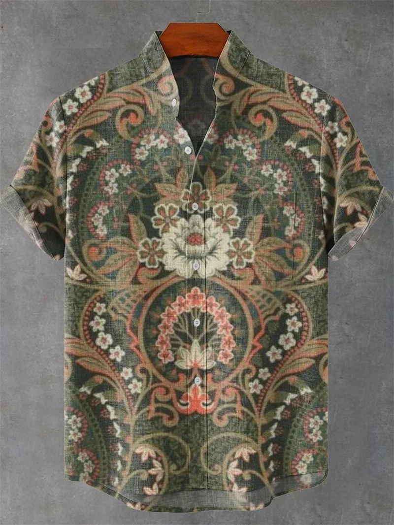 Men's Linen 3D Printed Pattern Contrasting Color Lapel Short-sleeved Button-up Shirt Private Custom Shirt Slim Body Dress Beach