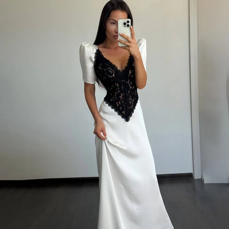 

Ticketsx Women V-Neck Lace Patchwork Long Dress Autumn Solid High Waist Ruched Slim Dress Elegant Female Party Evening Dress