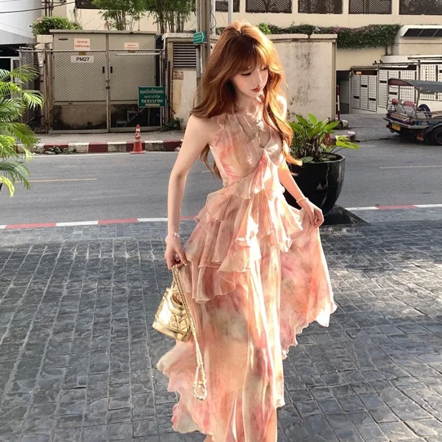 

【New Arrival】Women's Pink Floral Halter Neck Chiffon Midi Dress, Ruffled Tiered Asymmetrical Flowy Party Sundress