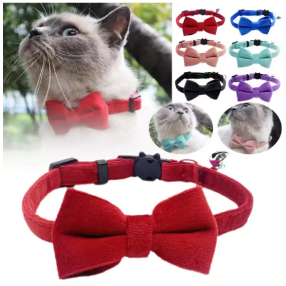 Velvet Cat Collar Solid Color Bowknot Puppy Chihuahua Collars with Bell Adjustable Safety Buckle Cats Bow Tie Pets Accessories