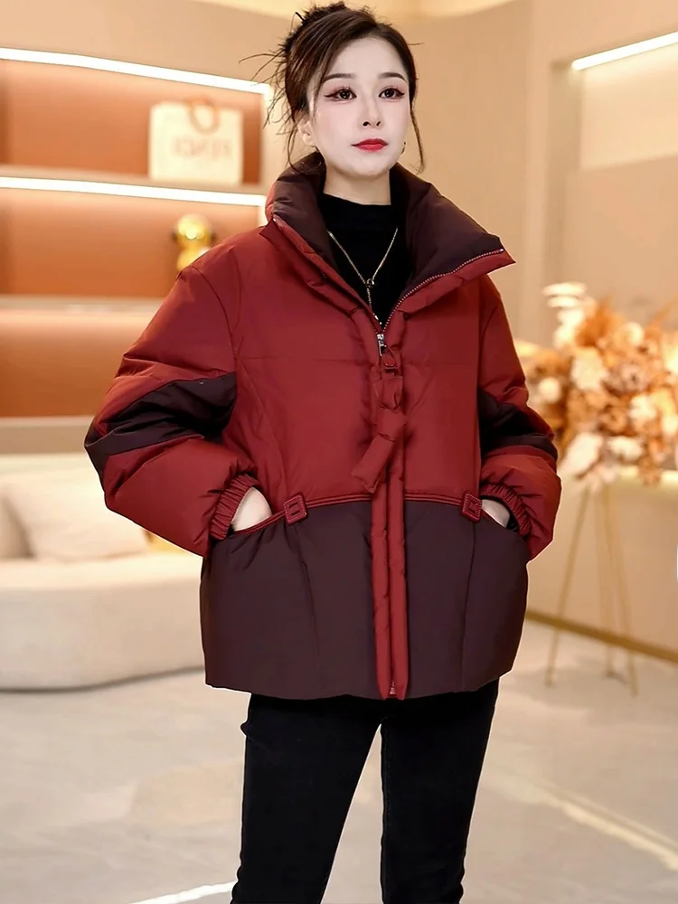 Red Ladies Cotton Jacket Winter Warmth Non-Washable Fashionable Five-Proof Commuter Style Loose Fit Zipper Closure Long Sleeve