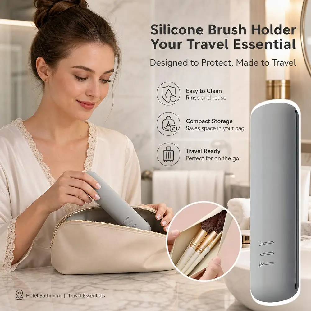 Travel Makeup Brush Bag Silicone Organizer Case Easy Clean Cosmetic Brush Holder Portable Beauty Tool Storage Box