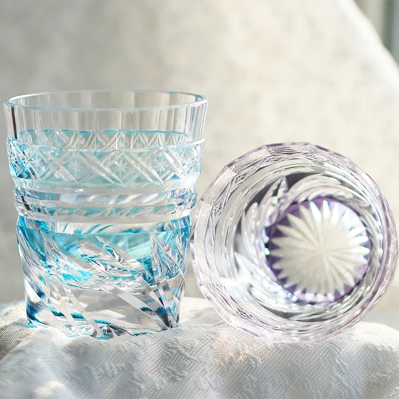 Japanese Edo Kiriko Hand Carved Crystal Whiskey  Wind Valley Pattern Purple Blue Color Overlay Luxury Rocks Glass Bar Drinkwa