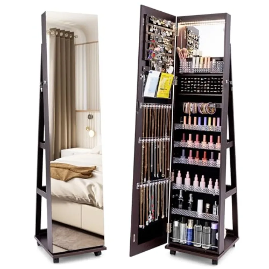 Jewelry Armoire for girls and women, espresso wood-look finish, lockable cabinet with wheels, 3-color LED lights, full-length m