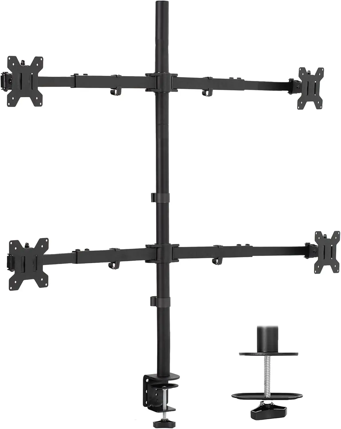 Quad Monitor Desk Mount for Ultrawide 27-38 inch Screens, Heavy Duty C-Clamp, Extra Tall Pole, Adjustable Telescoping Arms
