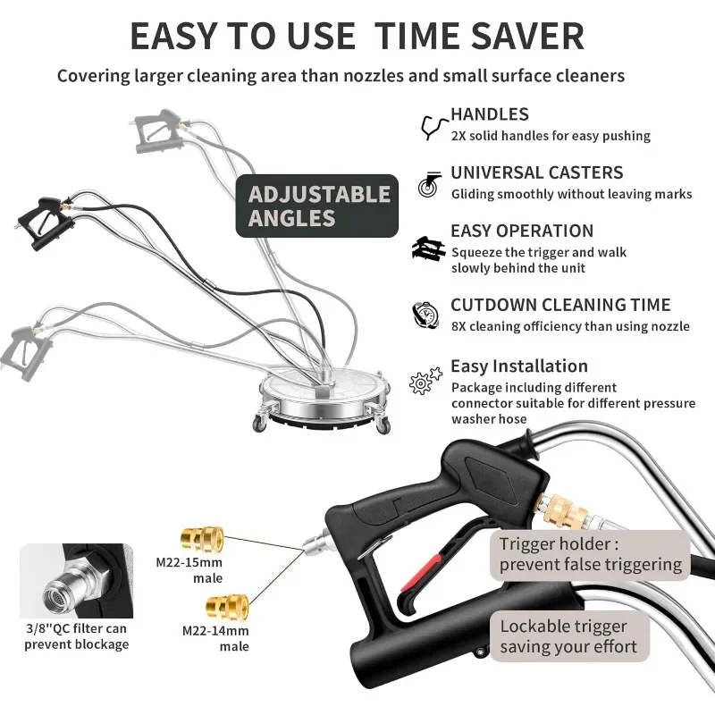 Surface Cleaner with 4 Wheels - Stainless Steel Dual Handle Surface Cleaner for Pressure Washer Attachment for Concrete
