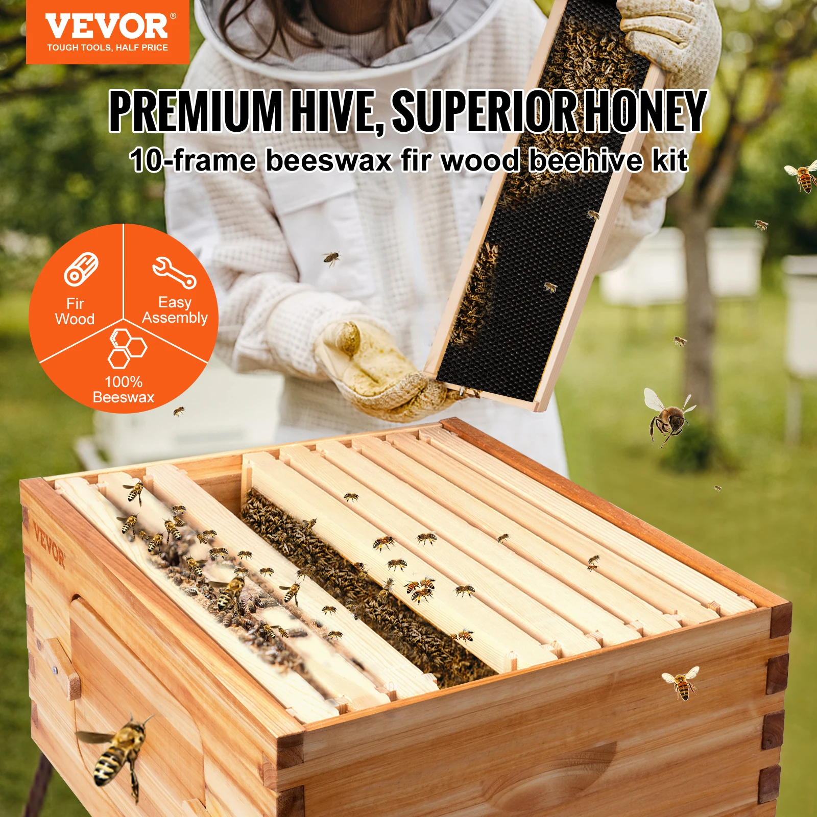 VEVOR Hive Complete Beehive Kit 5 Types Bees Box Dipped in 100% Beeswax with Wooden Frames and Waxed Foundations for Beginners