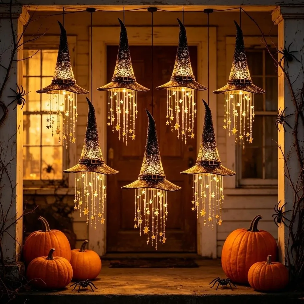 Glowing LED Witch Hat Hanging Chime with Star Tassels Spooky Halloween Witch Hat Decor Vintage Hollow Out Witch Hat Lamp Pendant