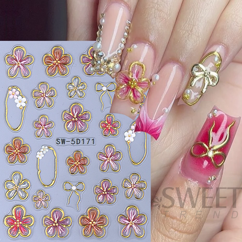 5D Embossed Hibiscus Flower Nail Sticker Colorful Flower Petal Slider Decal DIY Manicure Art Decoration Accessories Tools Salon