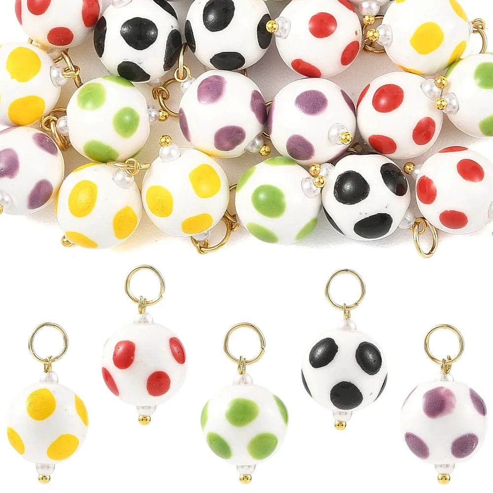 20pcs Handmade Porcelain Round Ball Charm White Base Polka Dot Pendant for DIY Bracelet Necklace Earring Jewelry Making Supplies
