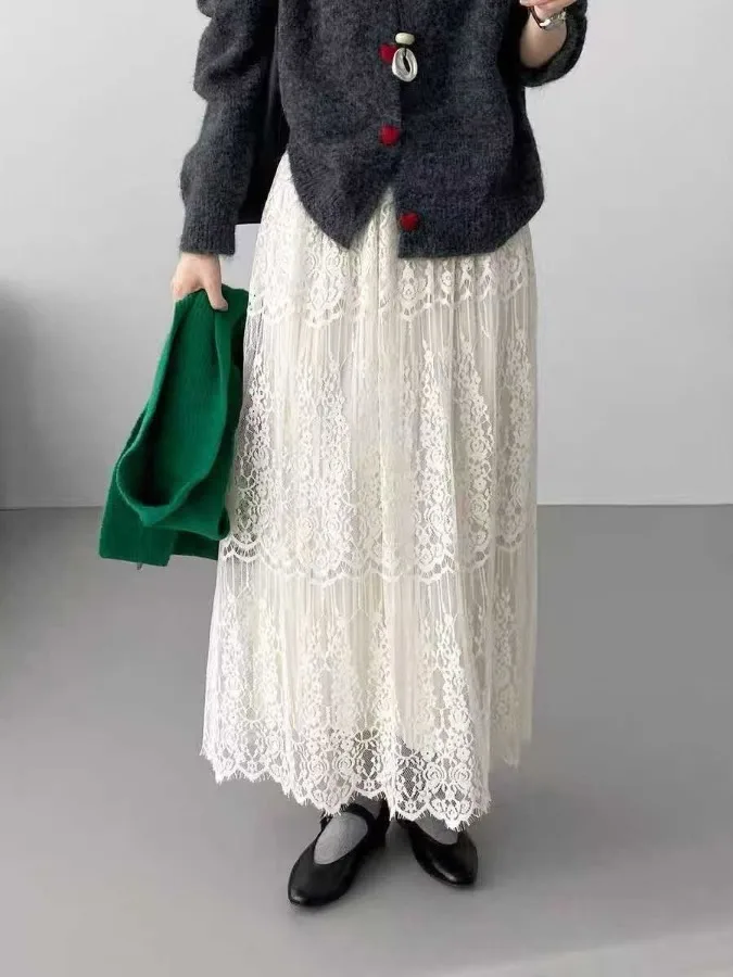 Cintura alta renda a linha midi saia feminina outono inverno dupla face usar me saia plissada francês sle solto ajuste casual