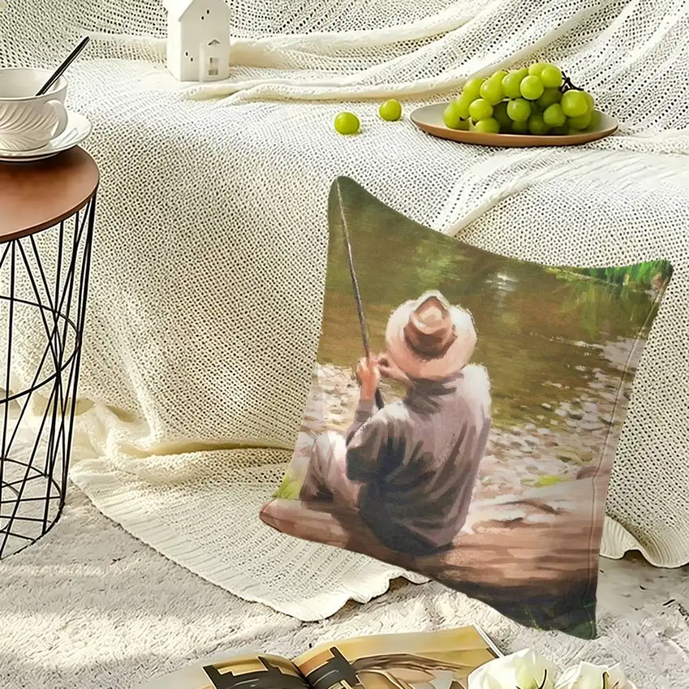 Line Fishing Man Soft Pillow Shell For Sofa Living Space Bedroom Headboard Backrest Square Cushion Cozy