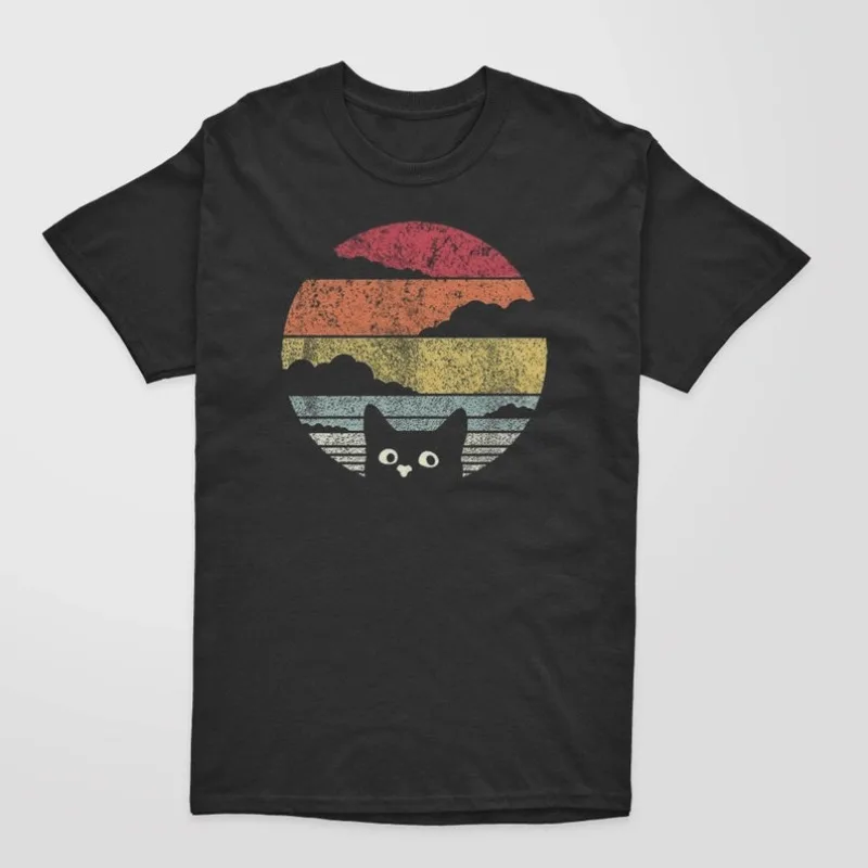 Cat Sunset Retro Bedrucktes Herren-T-Shirt aus Baumwolle, Anpassbares Unisex-Sport-T-Shirt, Weich und Atmungsaktiv