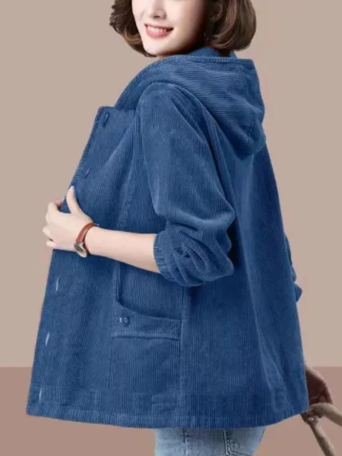 plus Size Corduroy Short Jacket Thin Women's Spring Autumn Winter New Casual Anti-Aging Top Fleece Lined Hooded Jacket