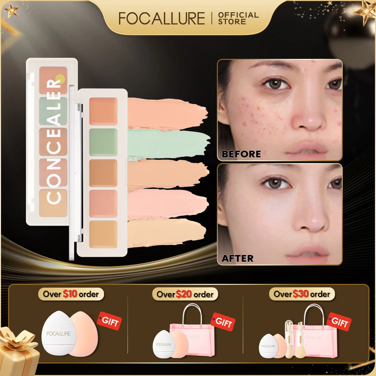 FOCALLURE 5 Colors Face Concealer Palette Waterproof Moisturizing Oil-control Brighten Contour Bronzer Primer Makeup Cosmetics