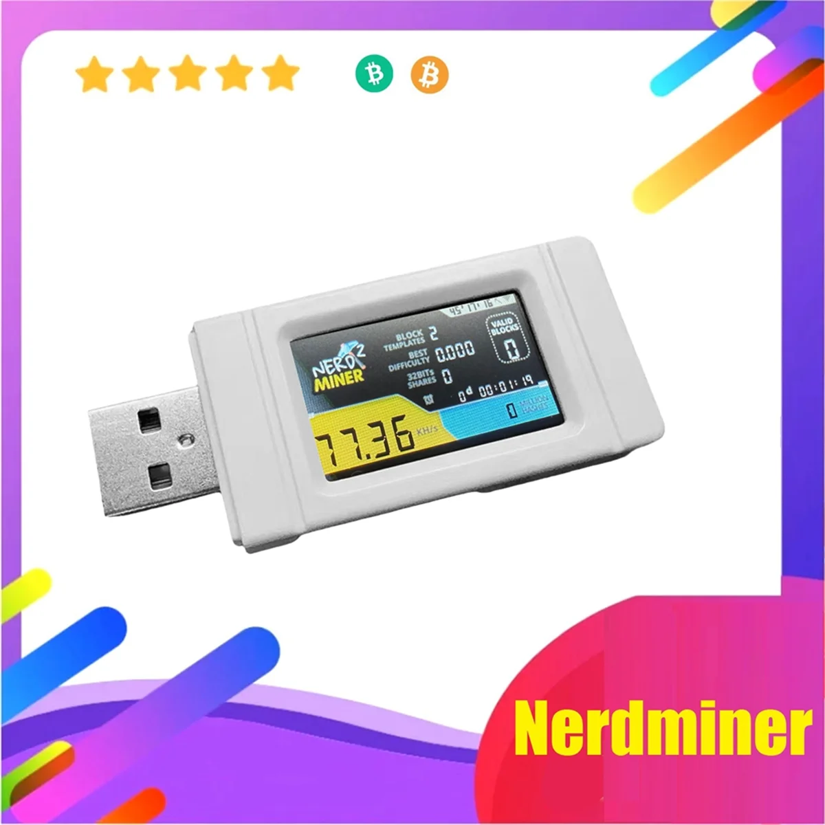 SMIEA Nerdminer USB Miner 77KH/S with Color Screen BTC Solo Lottery Mining Miner Mini Bitcoin BTC Miner Nerd Miner