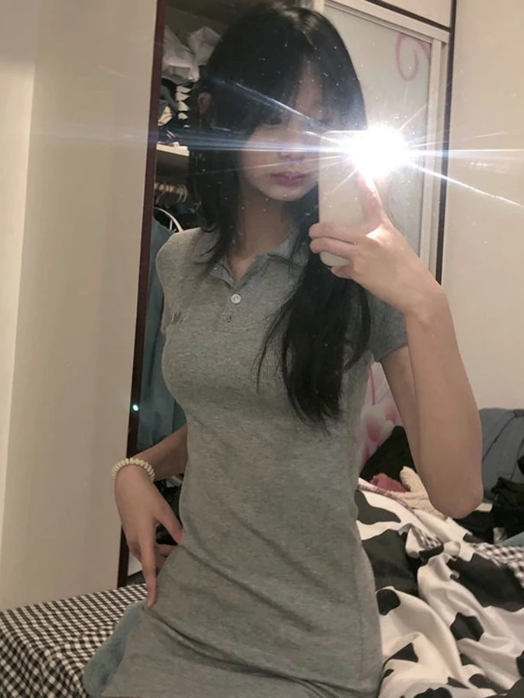 Dress Women Short Sleeve Simple Turn Down Collar Casual Solid Hotsweet Femme Korean Style Fashion Mini High Street Tunic A-line