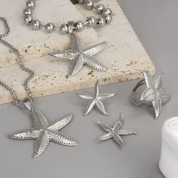 Autumn New Silver Color Stainless Steel Big Starfish Pendant Necklace/Earring/Ring Set For Women Punk Sweater Chains Jewelry