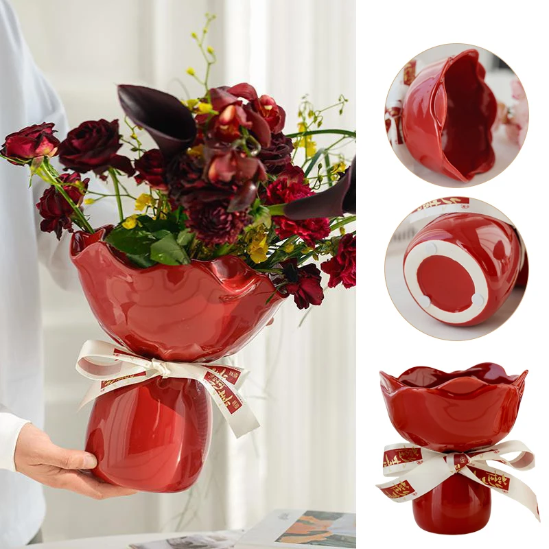 

Rose Flower Shaped Ceramic Vase Exquisite Desk Decoration Vase for Floral Bouquet Wedding Gift Small Vase with Ribbon