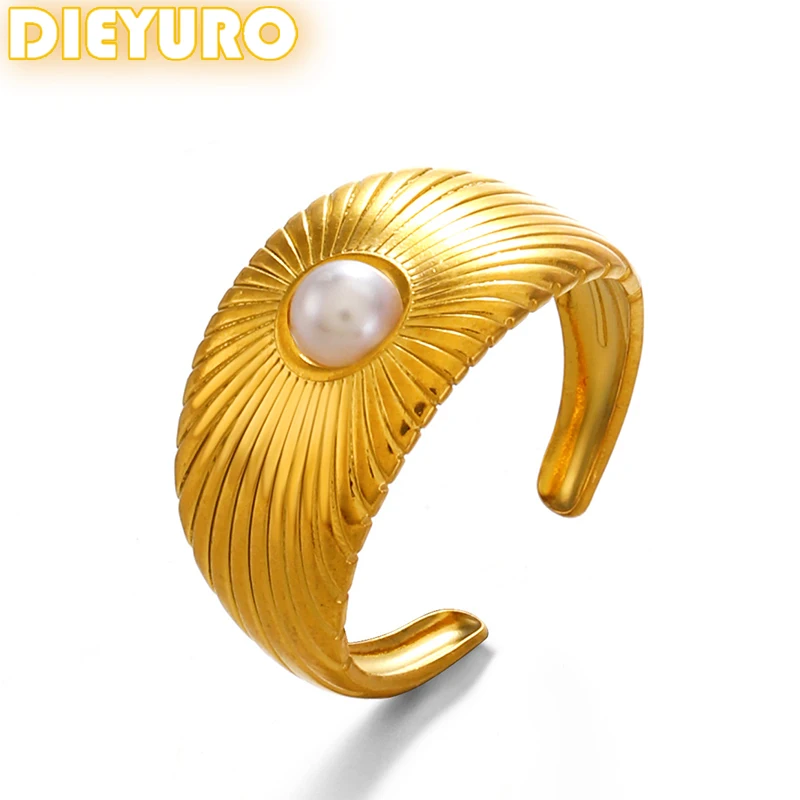 

DIEYURO 316L Stainless Steel Fashion Simple Style Pearl Finger Open Ring For Womens New Hot Sale Ring Jewelry Glamorous Gift