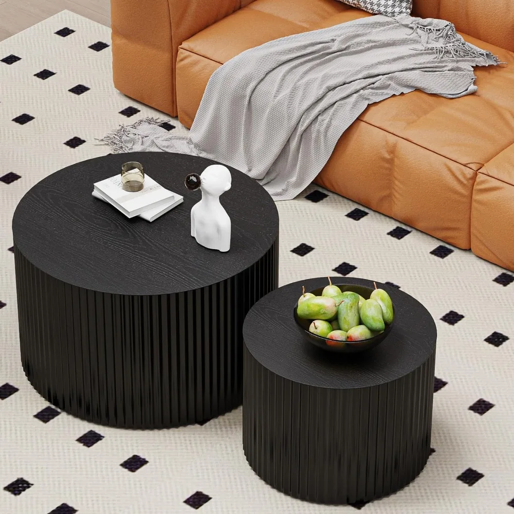 Modern Nesting Coffee Table Set - 2 Piece Wave Stripe Circular Living Room Furniture with Nested Coffee Tables
