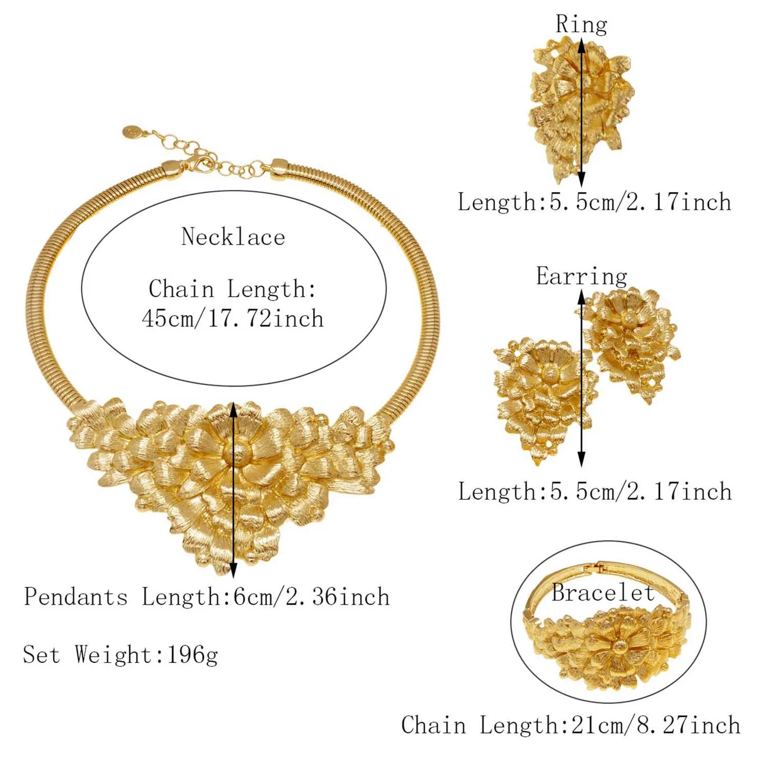 Women Gold Plated Jewelry Original Women Big Bud Necklace Jewelry Set Dubai Fashion Earrings Rings Wedding Accessories