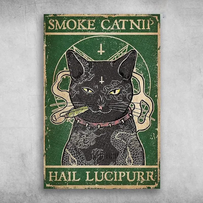 Funny Metal Tin Sign Smoke Catnip Hail Lucipurr Black Cat Tattoos Smoking Iron Poster Art Holiday Decoration Outdoor & Indoo 1pc