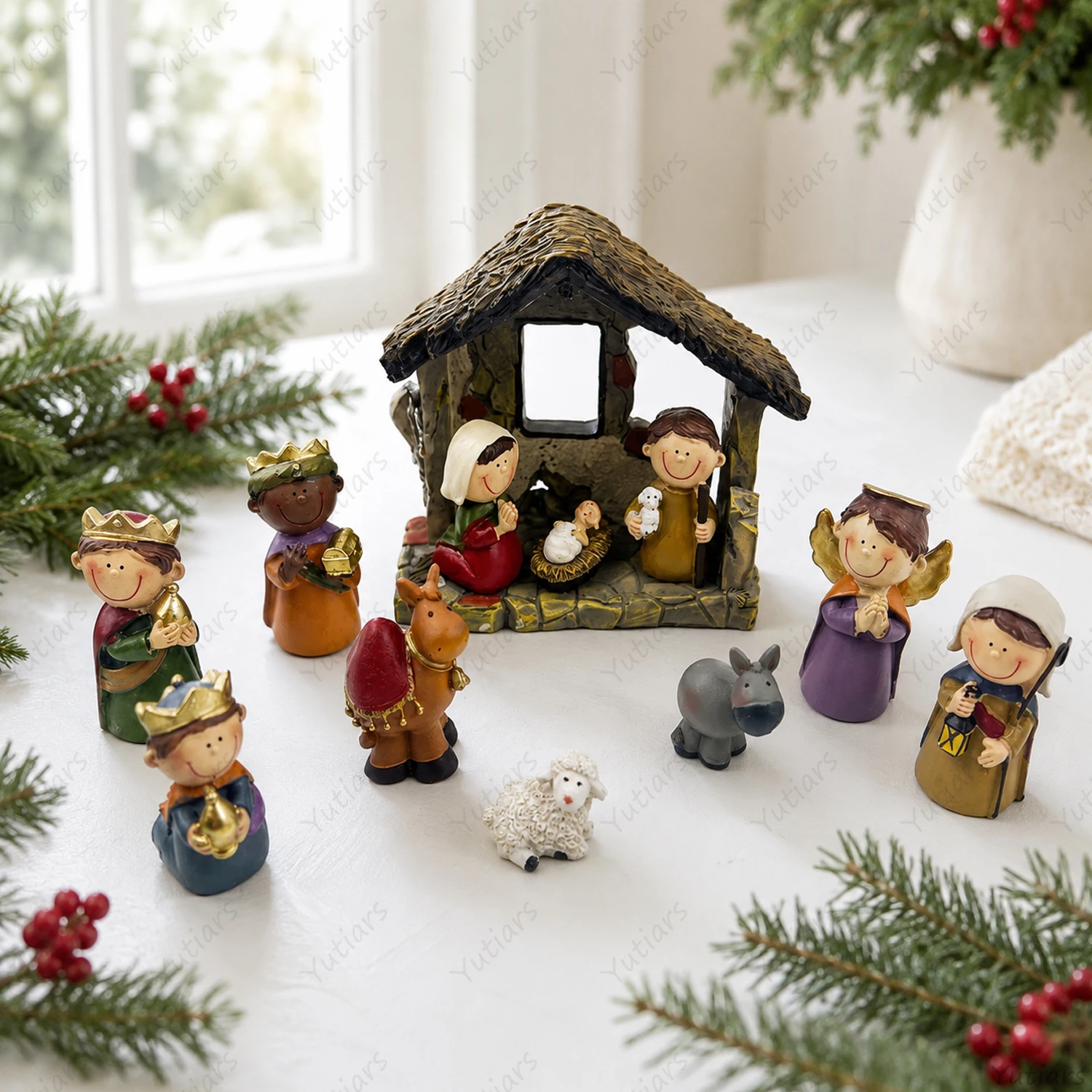 Christmas Nativity Figurine Set Resin Mini Stable Scene with Holy Family Wise Men Angel Animals Holiday Tabletop Home Decor