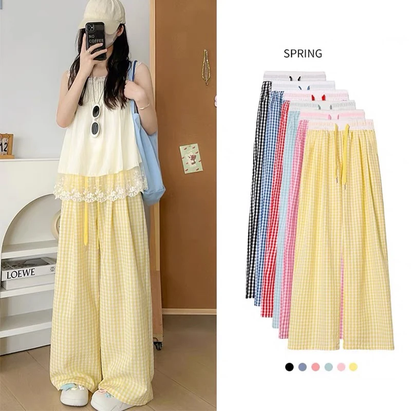 Dopamine Wide Leg Checkered Pants Drawstring High waist Women Summer Loose Casual Long Pant Pink Sweet Trousers Clothes Thin New