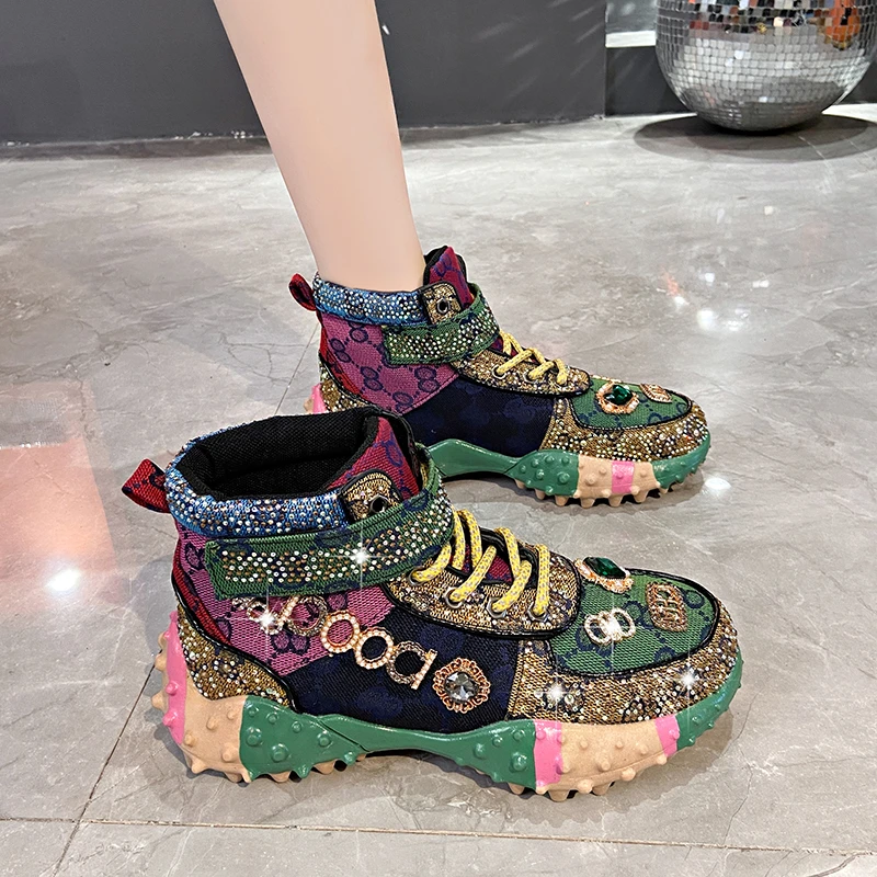 2024 Winter New Women's Fashion Shoes Rhinestones Diamonds Embellished Thick Bottom Luxury designer Shoes Winter Warm Boots