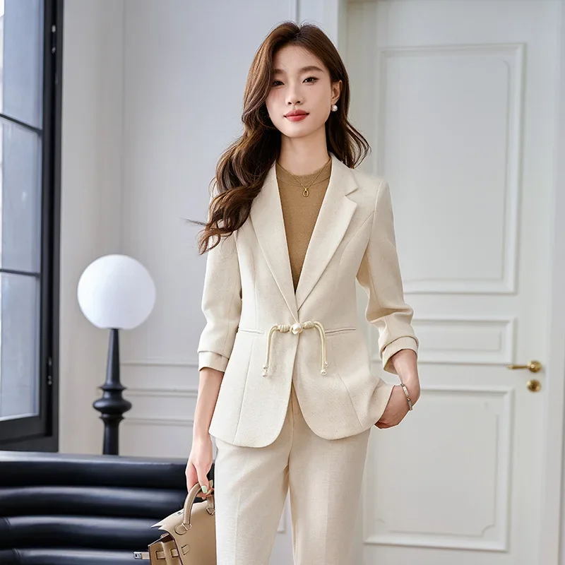 Pop outono inverno feminino vintage estilo chinês conjunto de duas peças temperamento sólido único botões blazer casaco e tornozelo-comprimento calça s