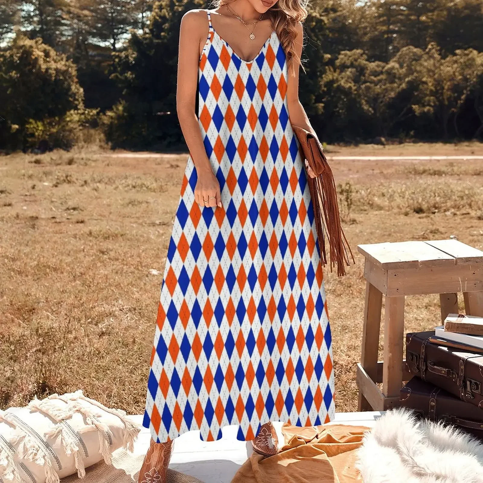 Orange and Blue Traditional Argyle All Over Print Sleeveless Dress Summer women's clothing summer dresses for women 2024 Dress