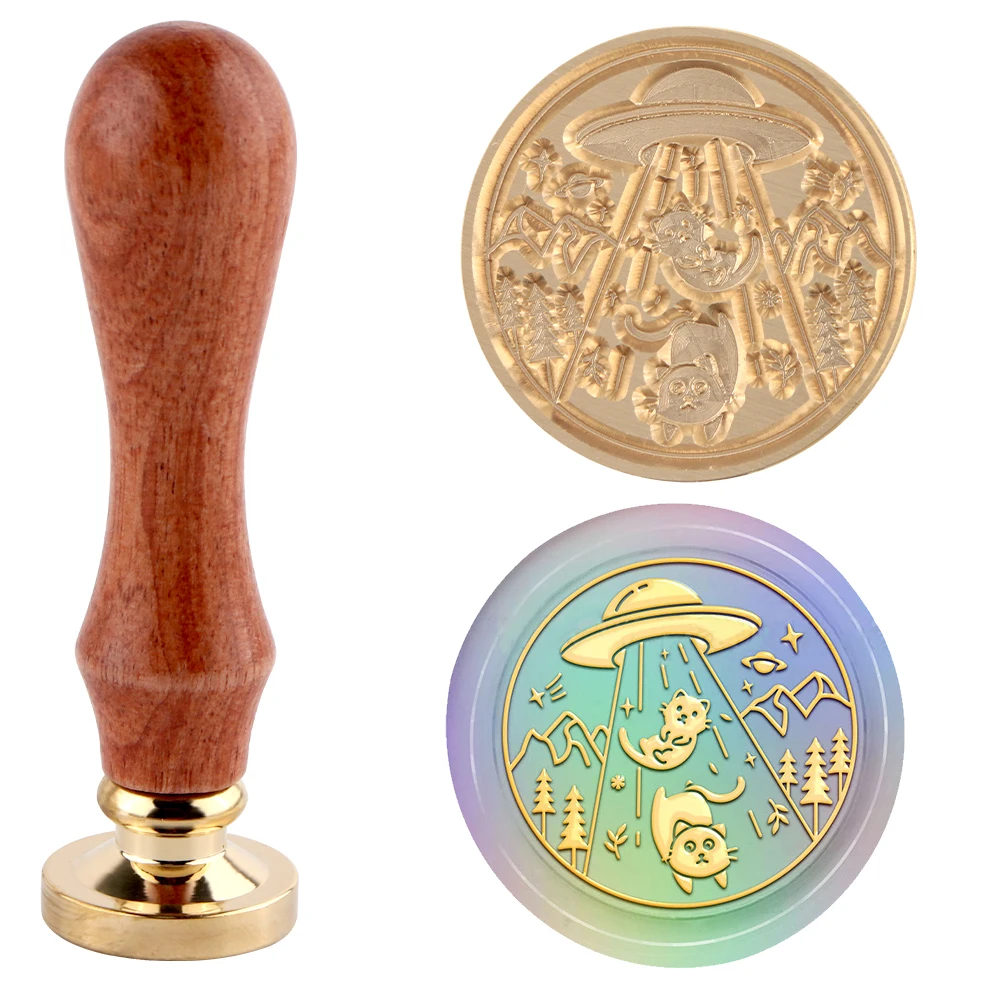 Wax Seal Stamp UFO Sealing Wax Stamp Cats 25mm Removable Brass Head Sealing Stamp with Wooden Handle for Birthday Invitations