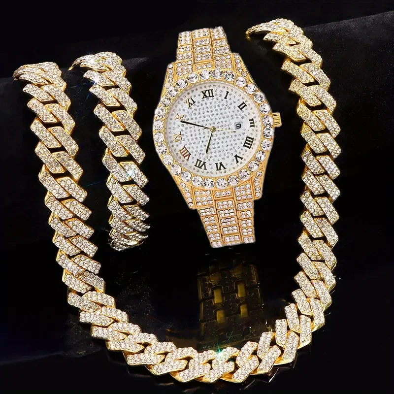 3pcs/set Necklace+Bracelet+Watch Cuban Chain Watch for Men Hip Hop Miami Curb Iced Out Paved Rhinestone Rapper Cuban men Jewelry