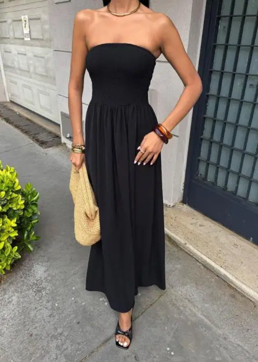 

2025 Dress Women Fashion Summer Latest Style Elegant Solid Color Sleeveless Backless Slim Fit Pleated Strapless Dress for Women
