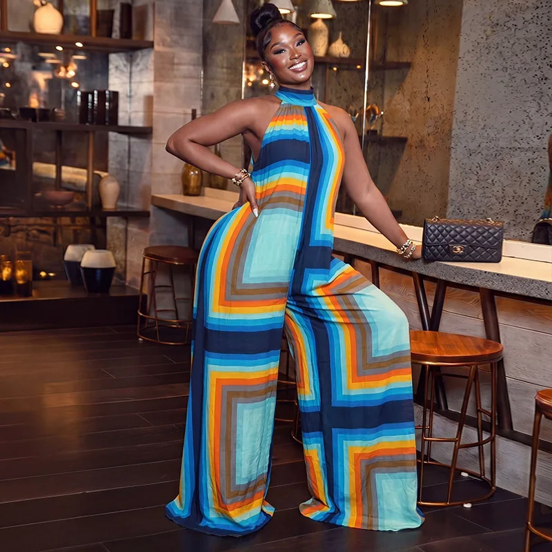 Fashion Trend Women's Summary: Unmatched Color-blocked Printed Jumpsuit With High Neckline, Sleeveless, Loose-fitting Long Jumps