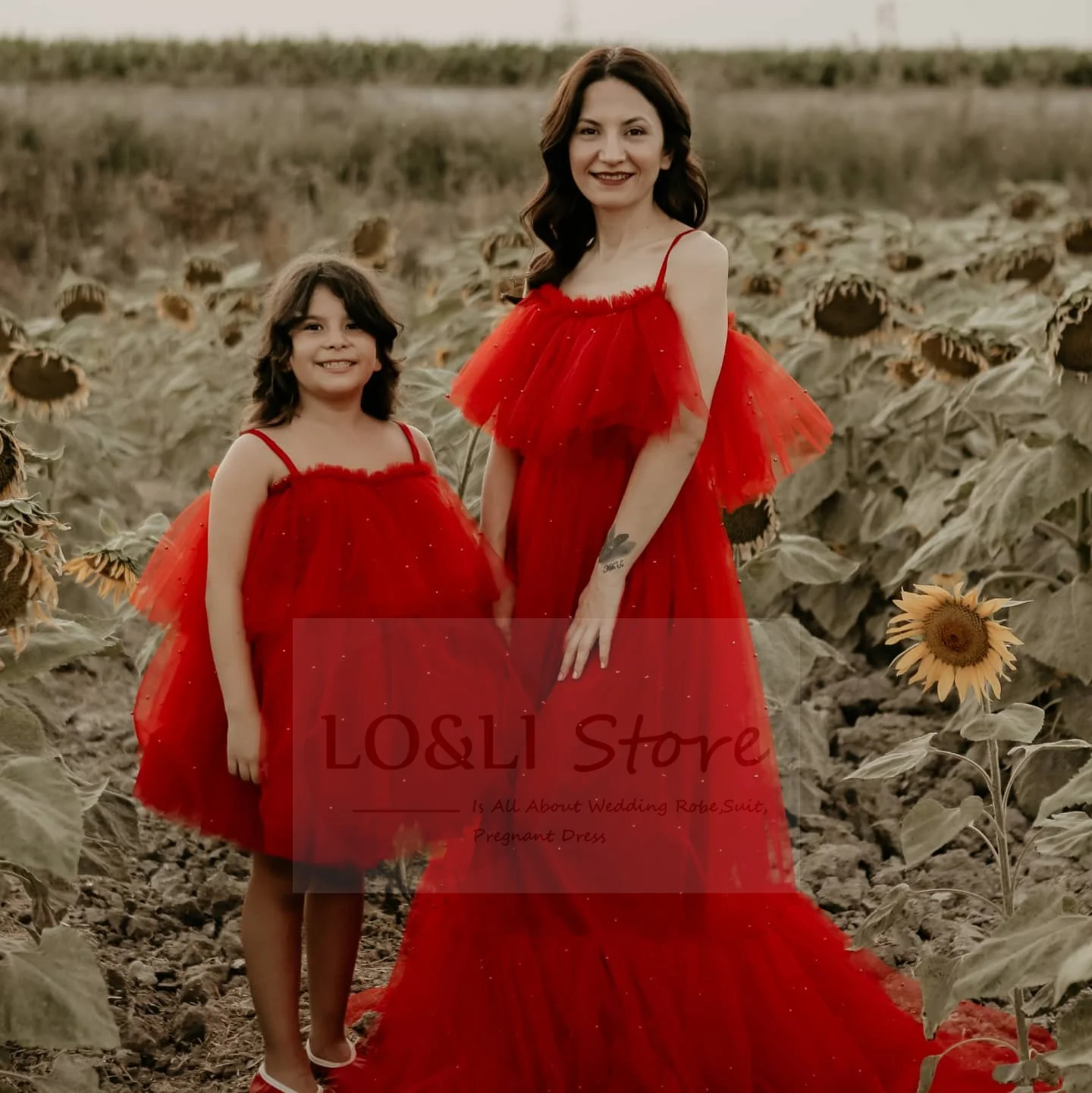 Mommy and Me Photoshoot Puffy Red Dress Matching Sleeveless Girls Birthday Party Princess Dress Ruffles Vestidos Ball Gowns