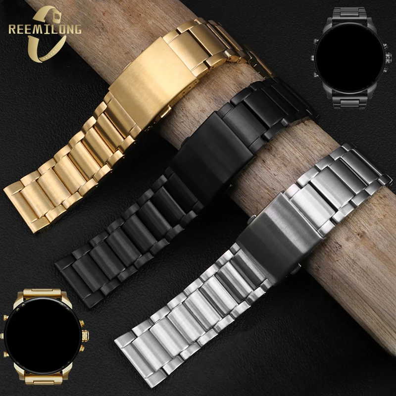 Stainless steel watch strap 22mm 24mm 26mm 28mm 30mm soild refined metal silver black gold men's watchband bracelet For Diesel