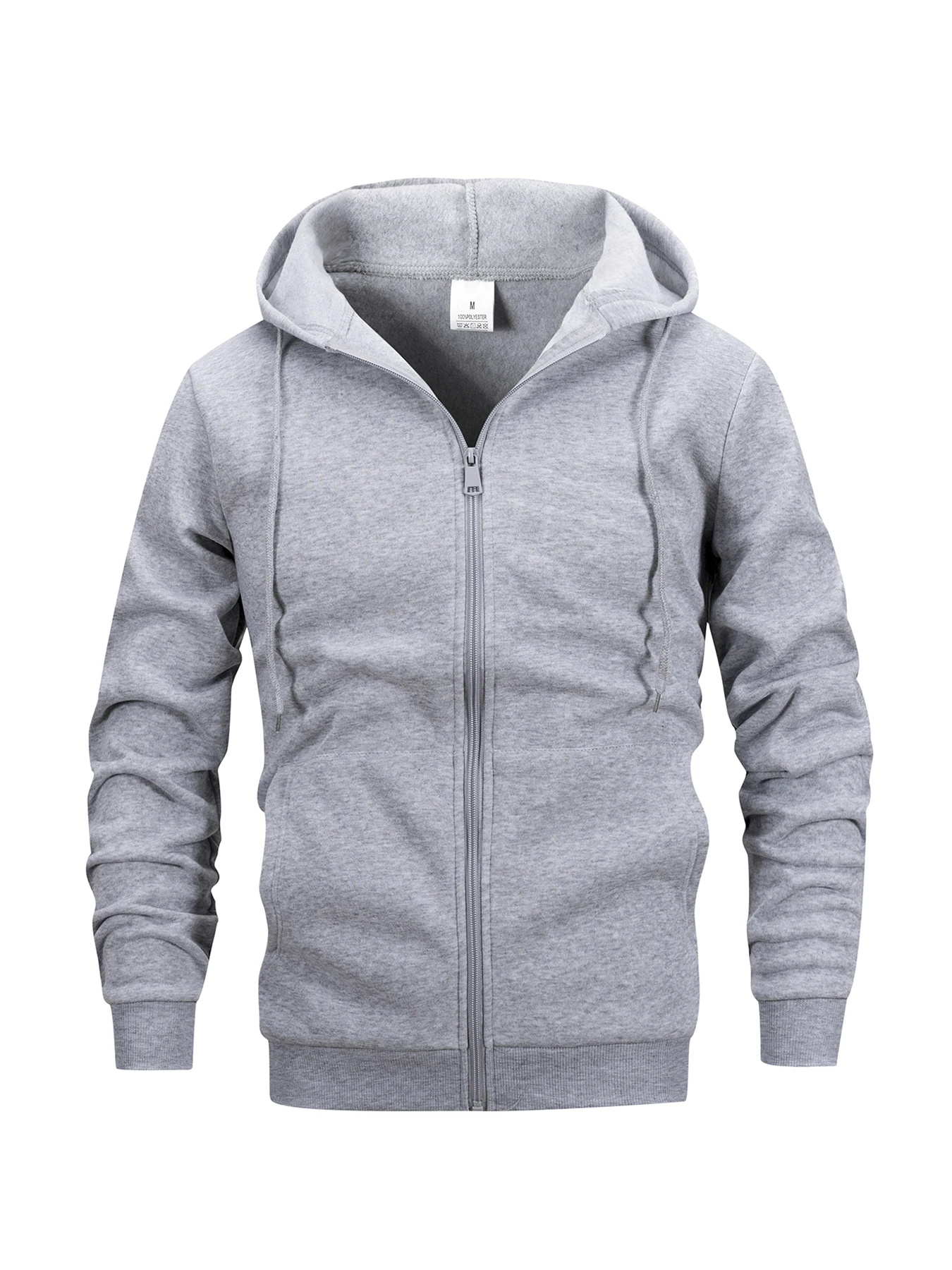 Men Hooded Full Zip Jacket Drawstring Hood Warm Casual Outerwear Rib Cuff Coat With Front Pockets For Autumn Winter