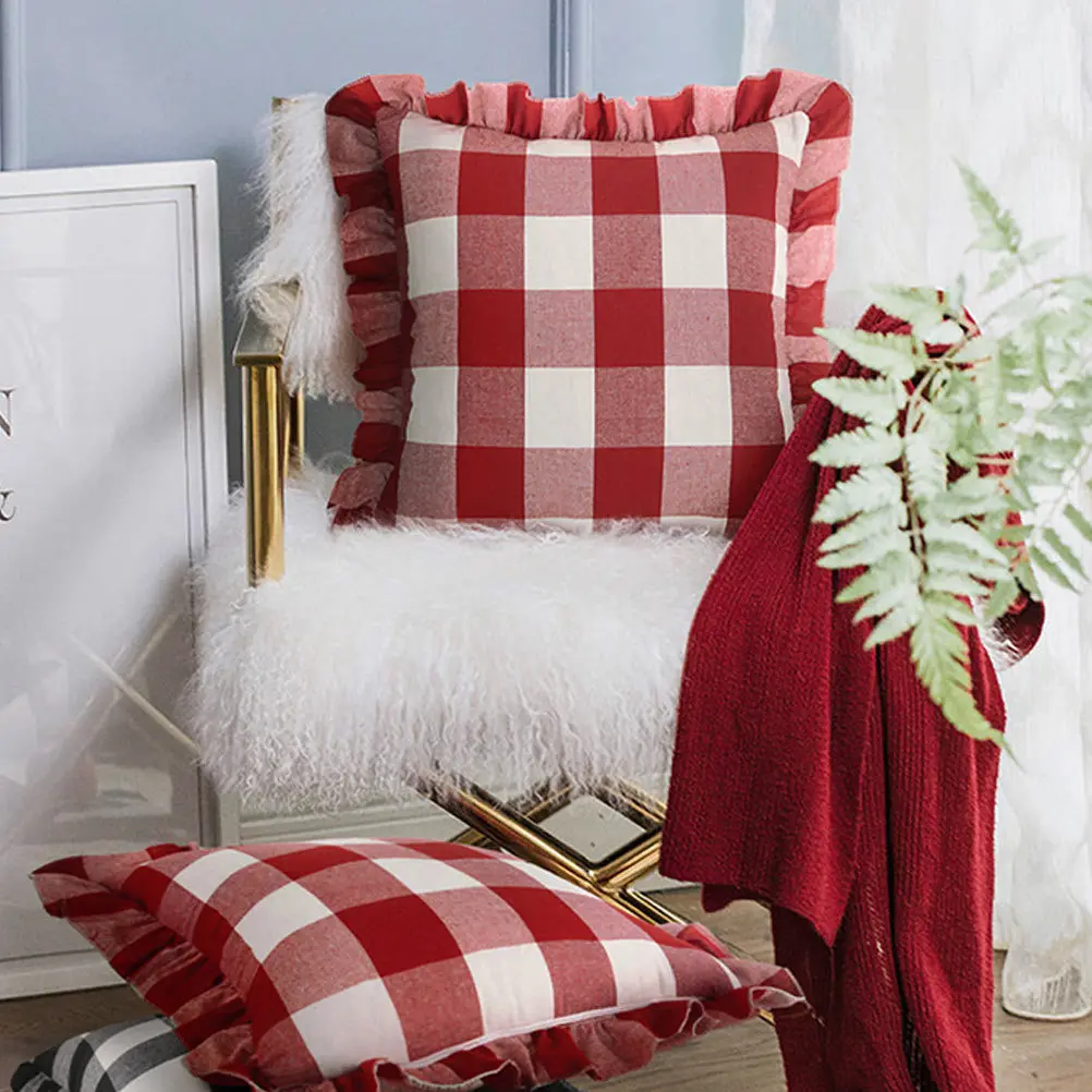 

Наволочка с красным клетчатым принтом, цельный мягкий хлопковый льняной материал для гостиной, дивана, стула, украшение для сиденья с рюшами по краям