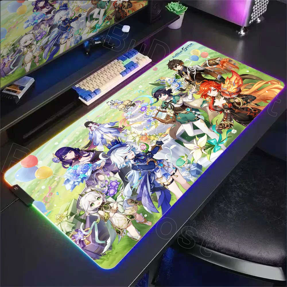 

New Genshin Impact RGB Pc Game Mouse Pad LED Glowing Anime Girl Mouse Mats Luminescence Mousepad Rubber Gaming Computer Mausepad